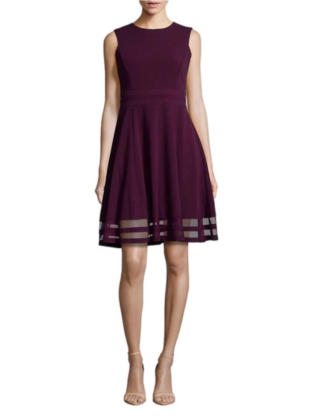 NWT 6 Calvin Klein Sleeveless Mini Wine A-Line Flared Dress with Sheer Hem